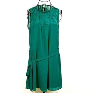NAKED ZEBRA Lace Dress Womens L Green Tie Belt Sleeveless Shift